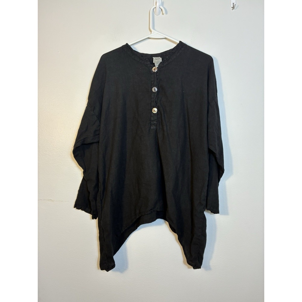 Match‎ Point Popover Shirt Sz L Black 100% Linen Lagenlook Shark Bite Hem Boho